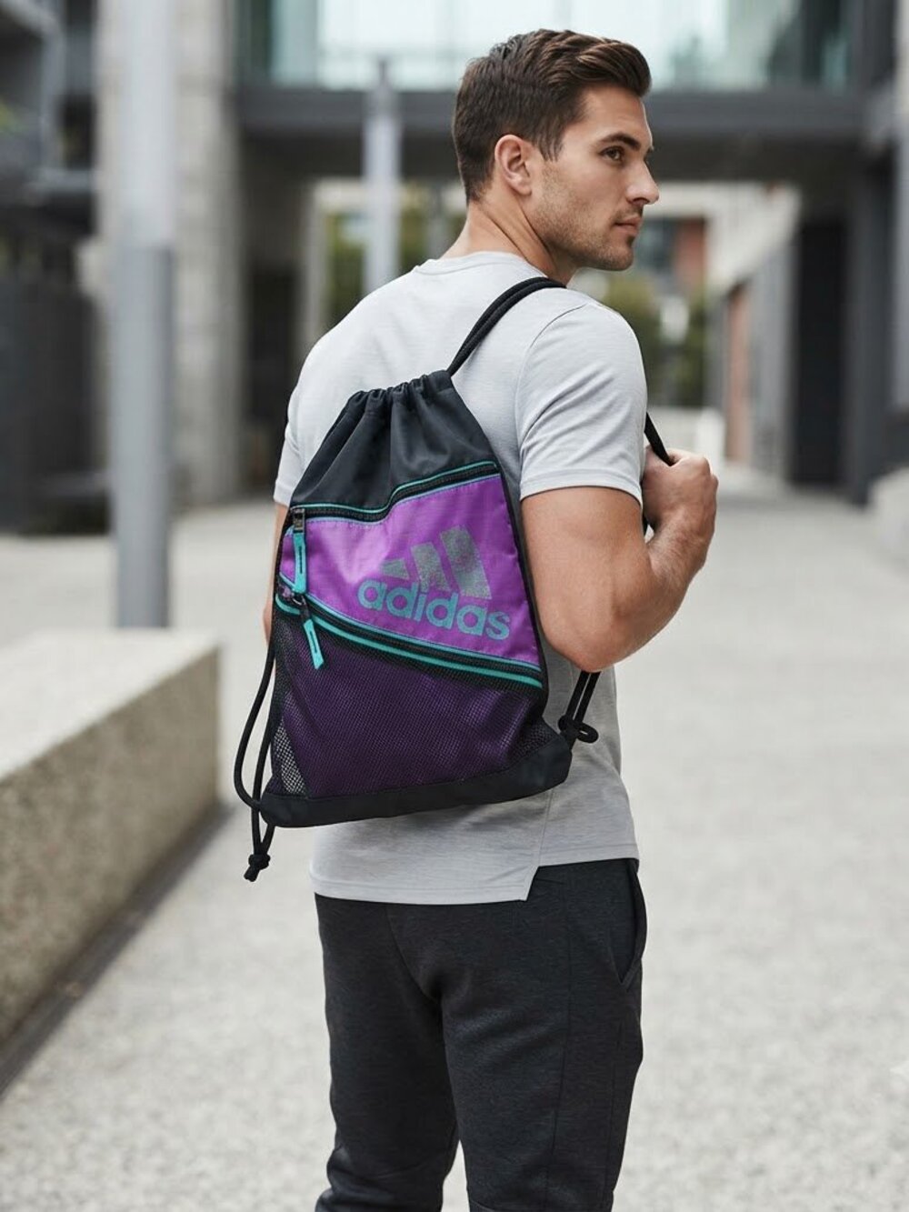 Adidas Drawstring Cinch Bag Purple Mesh Sackpack Gym Backpack Zipper Pockets